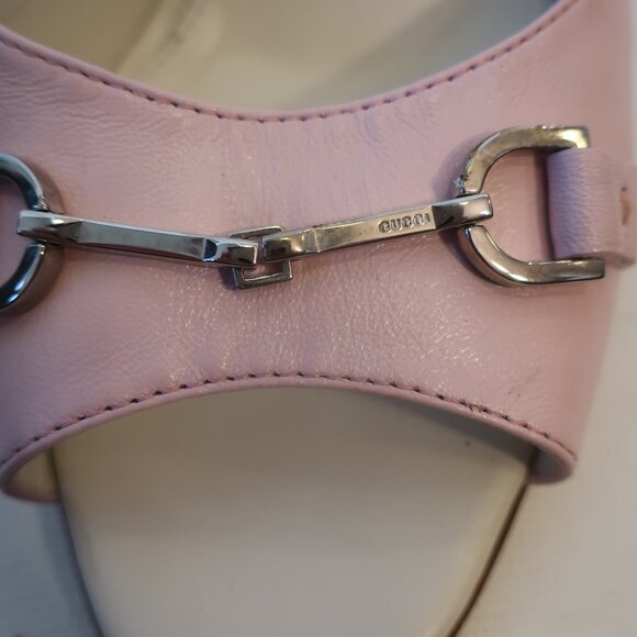 Womens Gucci Pink Stiletto Heel Open Toe Leather Sandal Mule Heels 38.5 US/8.5 - Picture 3 of 11